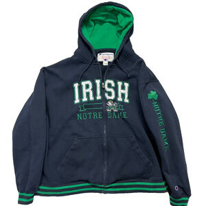 Vintage Champion Notre Dame Irish Full Zip Hoodie XXXL Navy Blue Green NCAA Y2K